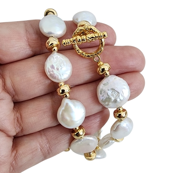 Coin Pearl Necklace Gold Accent Beads Toggle Clasp A0369 Q7 - Picture 11 of 15